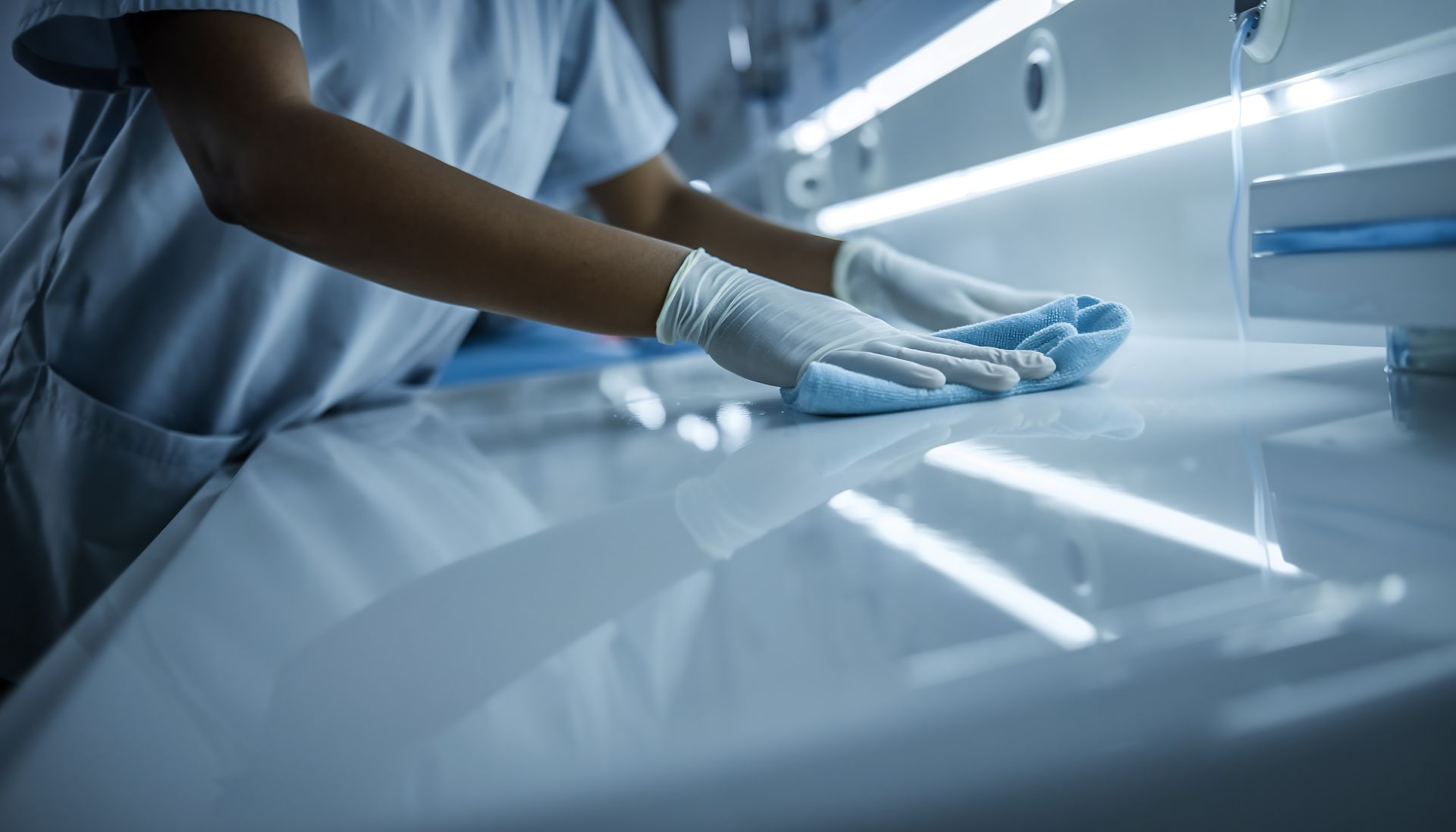 Gloved hands wiping a glossy white lab surface under bright blue-white lights