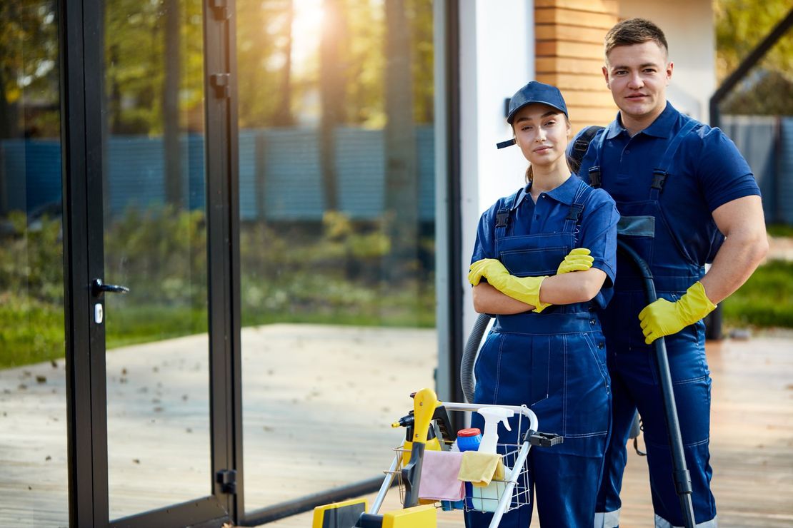 Two cleaning service workers, wearing blue overalls, stand by a house entrance with cleaning equipment. Two cleaning service workers, wearing blue overalls, stand by a house entrance with cleaning equipment.