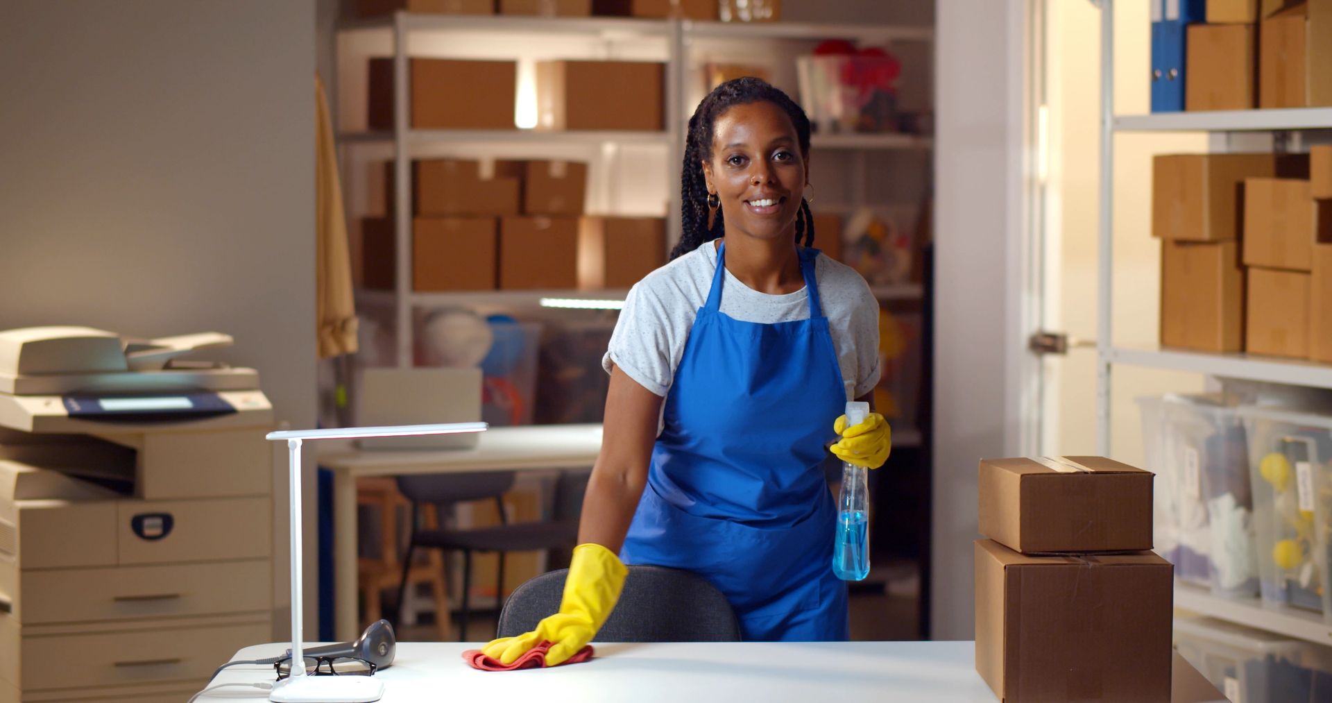 Woman in blue apron and yellow gloves cleaning a desk in a storage room with boxes and shelves.