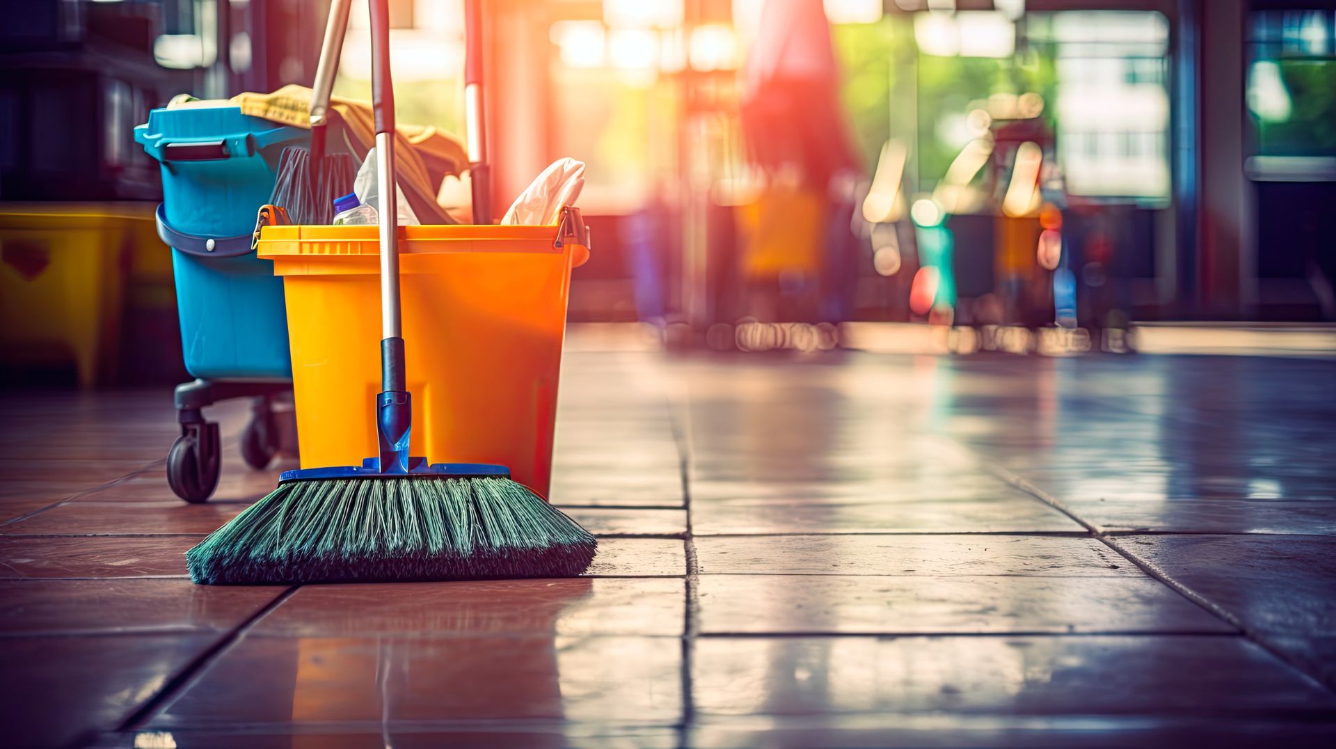 Cleaning supplies on a sunlit tiled floor with a mop and colorful buckets in a blurred hallway Cleaning supplies on a sunlit tiled floor with a mop and colorful buckets in a blurred hallway