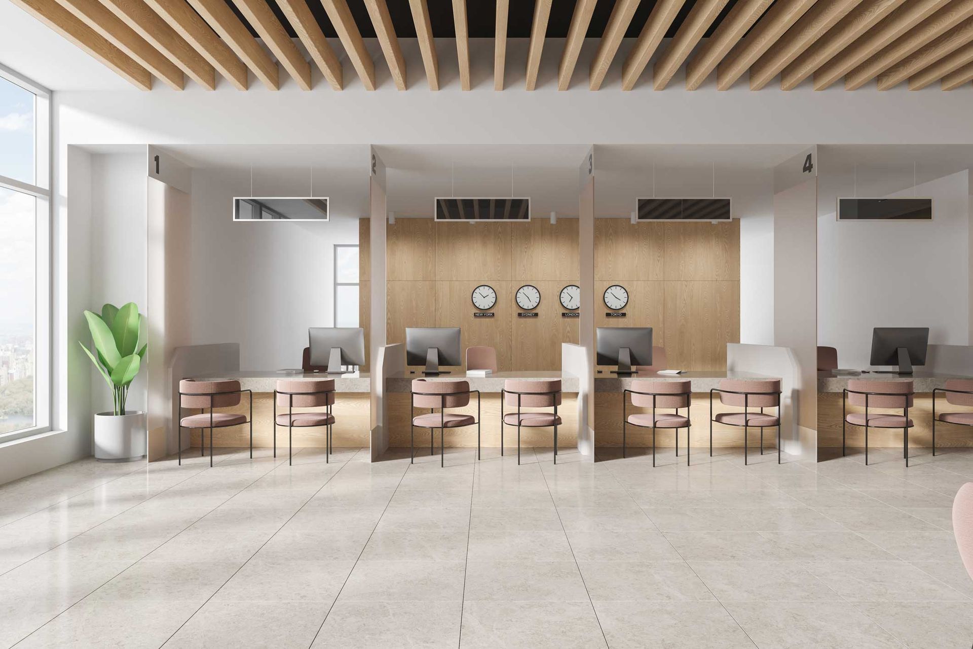 Modern minimalist lounge with rows of wooden tables, chairs, wall art, and large windows.