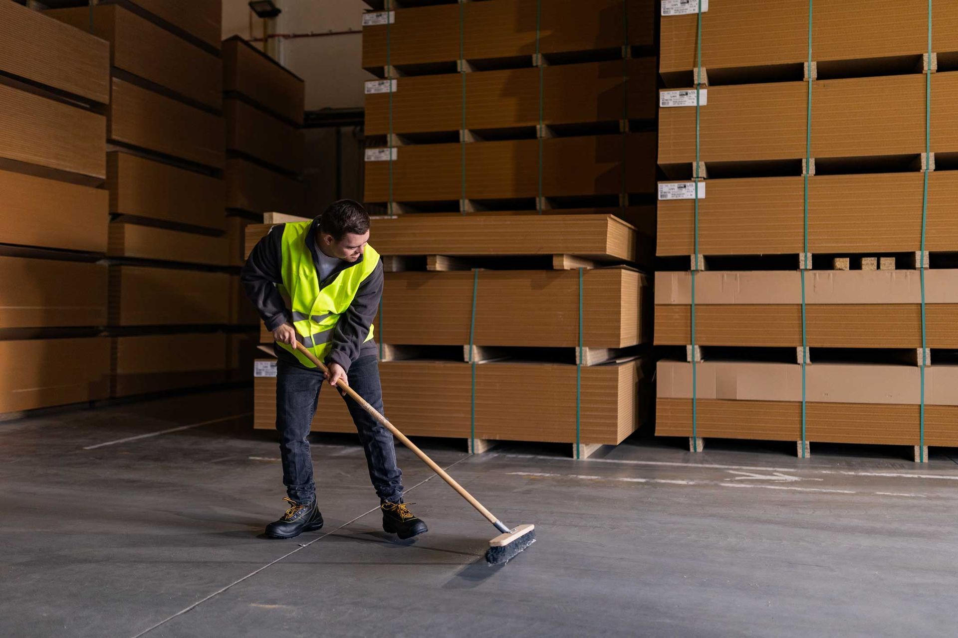 Worker sweeping warehouse floor, wearing safety vest, rows of stacked wood in background. Worker sweeping warehouse floor, wearing safety vest, rows of stacked wood in background.