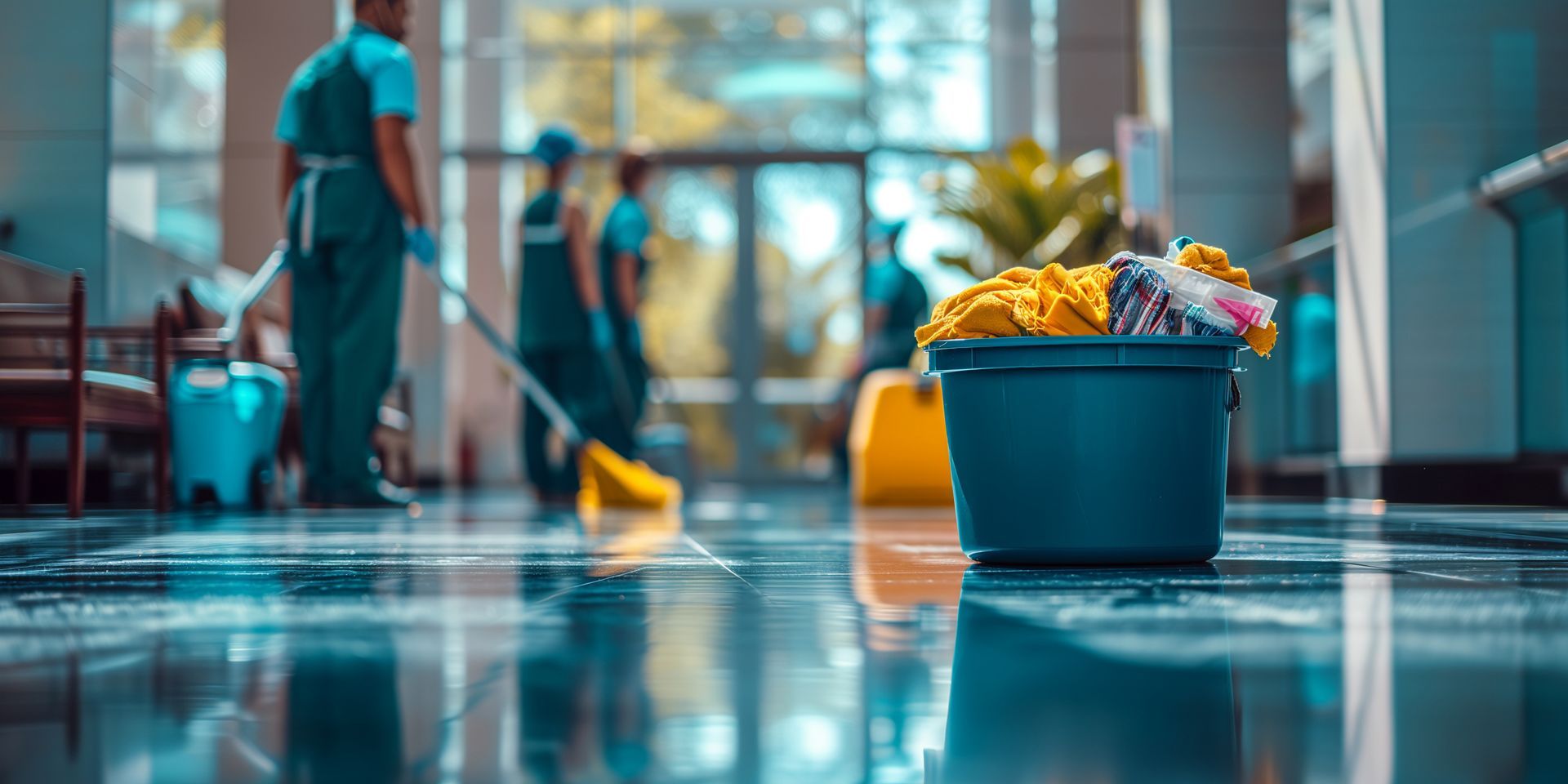Custodian mopping a hallway beside a trash bin in a bright indoor lobby Custodian mopping a hallway beside a trash bin in a bright indoor lobby