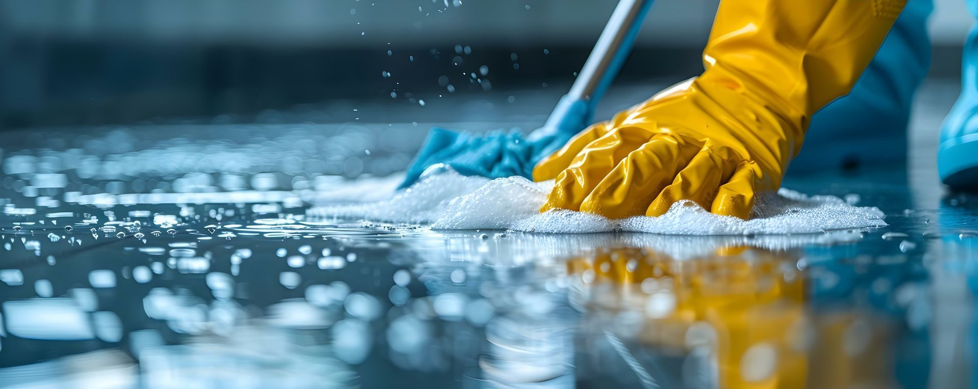 Person in yellow gloves mopping a wet, blue-tiled floor with a blue mop; close-up.