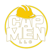 Cap Men LLC logo in gold with a hard hat and circular outline
