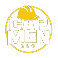 Cap Men LLC logo with yellow hard hat and gold outlined text on a white background