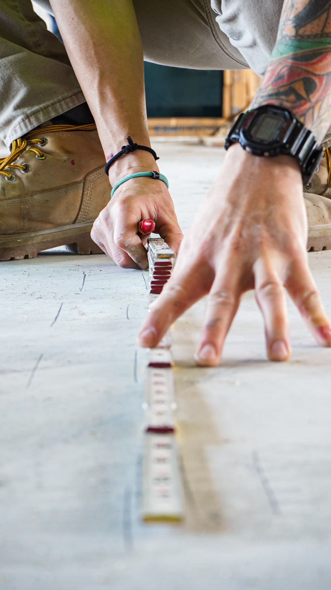 Hands measuring a surface with a ruler and red marker on a tabletop.