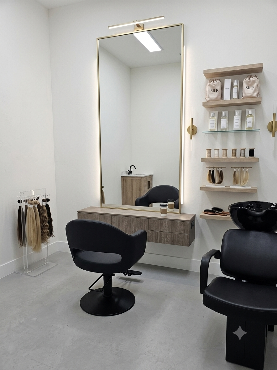 Modern salon interior with two black chairs, wall mirror, shelves, and hair products above a gray floor
