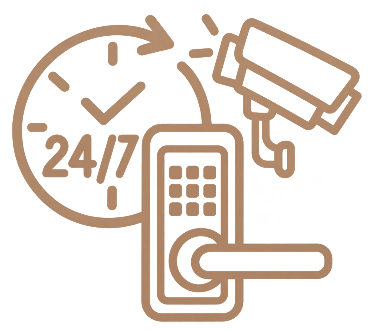 24/7 security access icon with clock, keypad door lock, and surveillance camera in tan outline