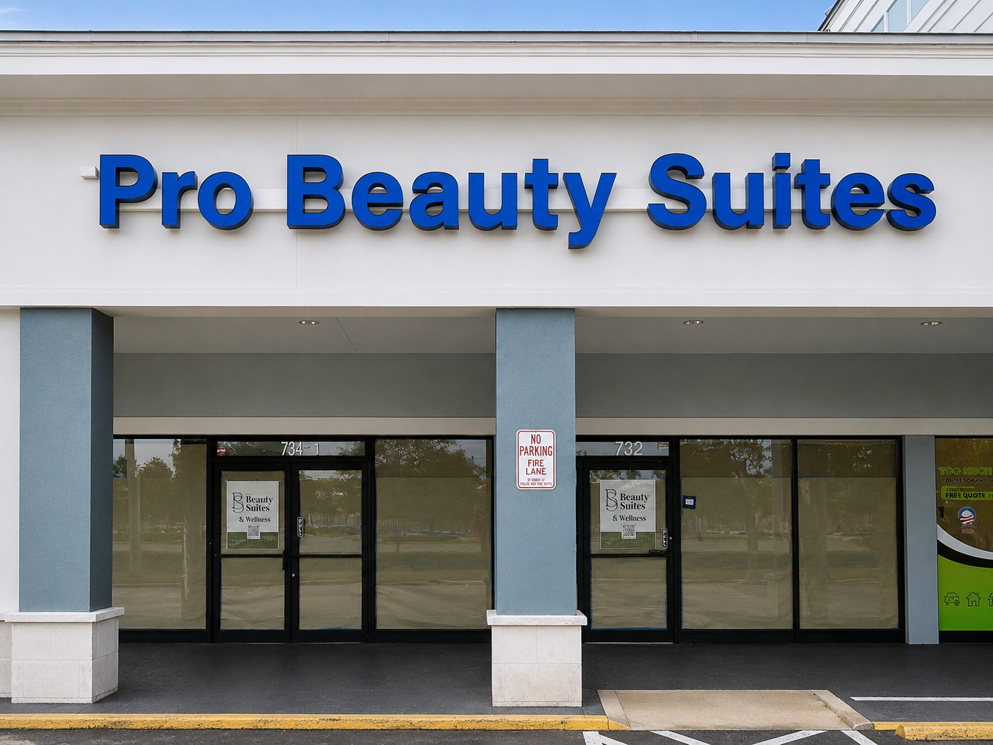 Storefront of Pro Beauty Suites with blue signage above glass entrance doors.