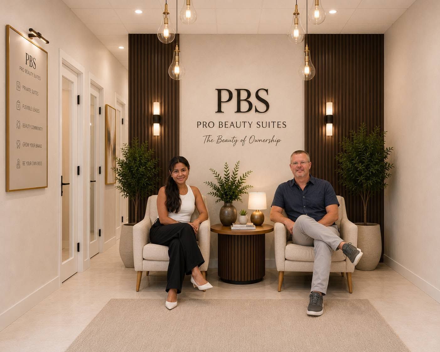Two people seated in a modern spa lobby with PBS Beauty Suites sign and warm decor