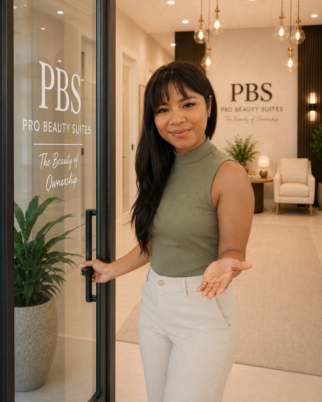 Woman standing in a PBS lobby, holding a glass door open and smiling.