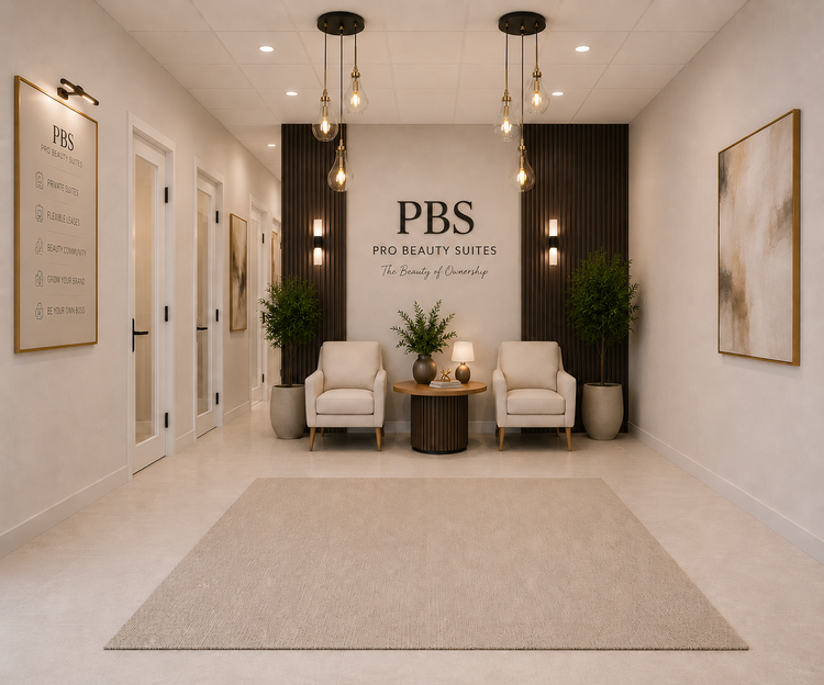 Modern beige lobby with PBS sign, two armchairs, plants, and pendant lights