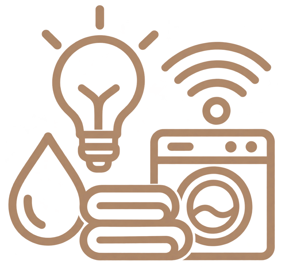 Brown line icons of a light bulb, water drop, Wi‑Fi, stacked towels, and a washing machine