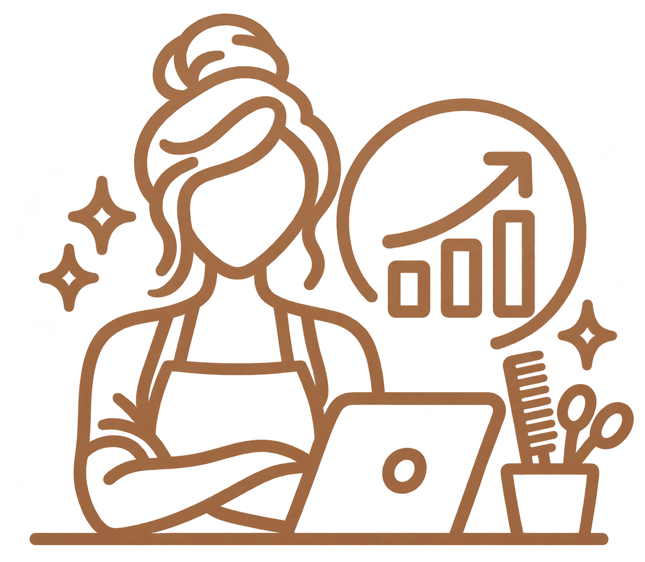 Line-art woman at a laptop beside a growth chart, with sparkles and a desk plant, in brown tones