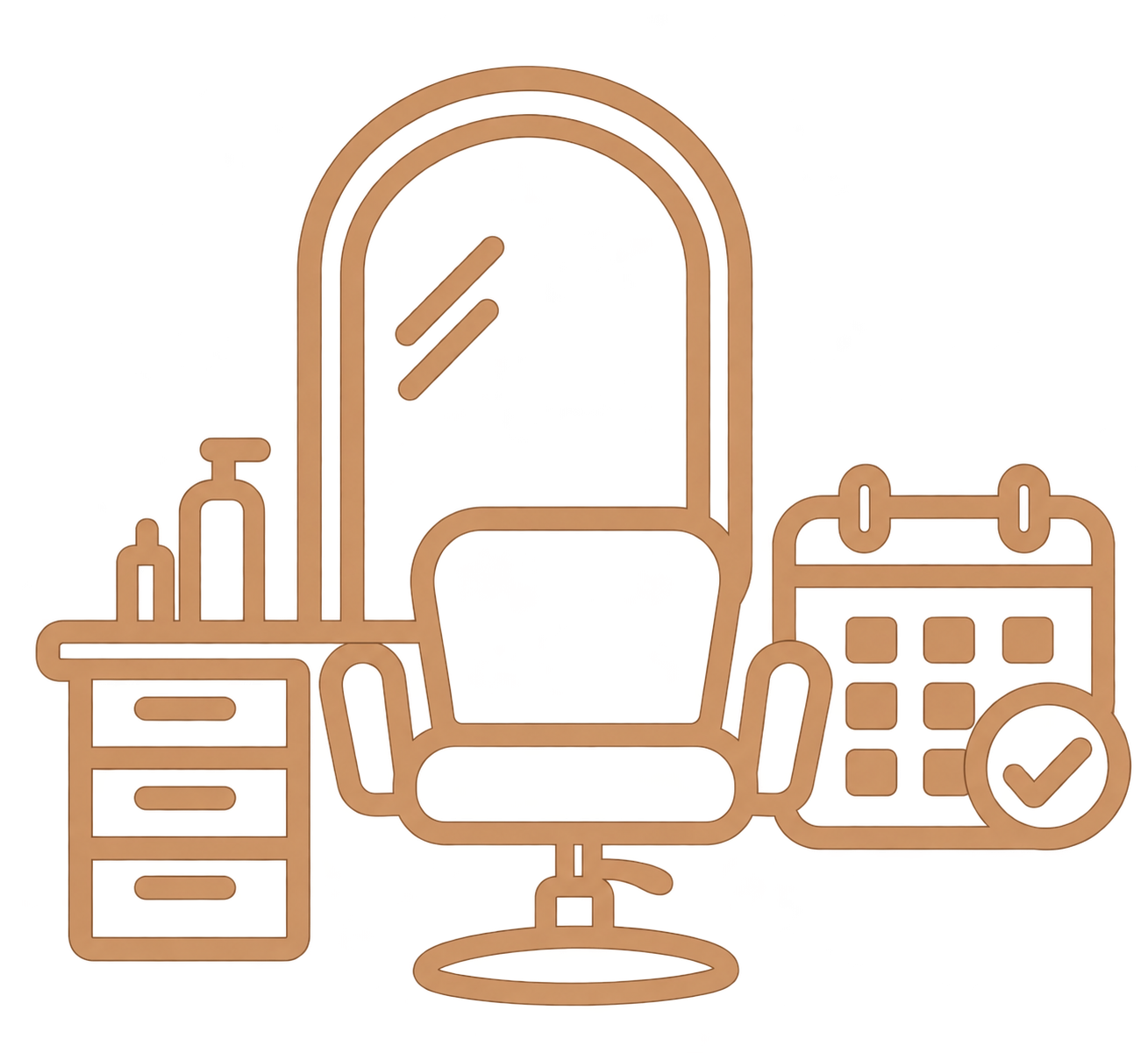 Minimal brown line icon of a salon chair with a mirror, drawers, bottles, and a calendar checkmark