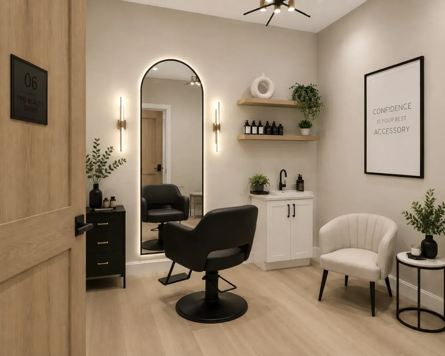 Modern salon waiting area with black styling chair, arched mirror, light wood decor, and plants
