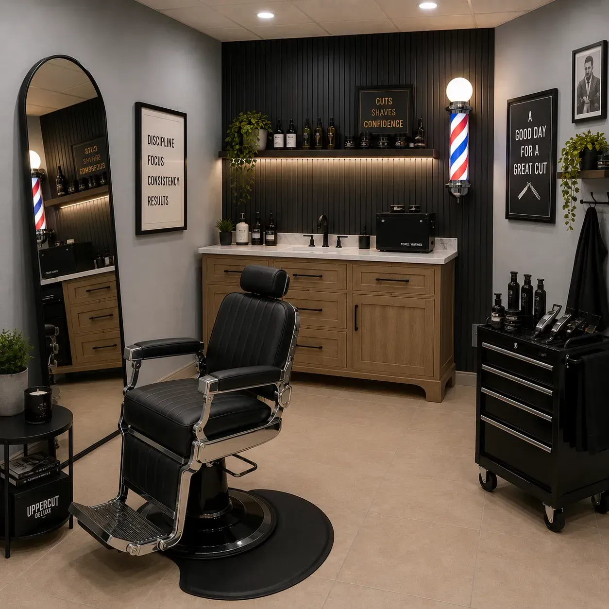 Modern barbershop interior with black chair, mirrors, wood cabinets, and a striped barber pole