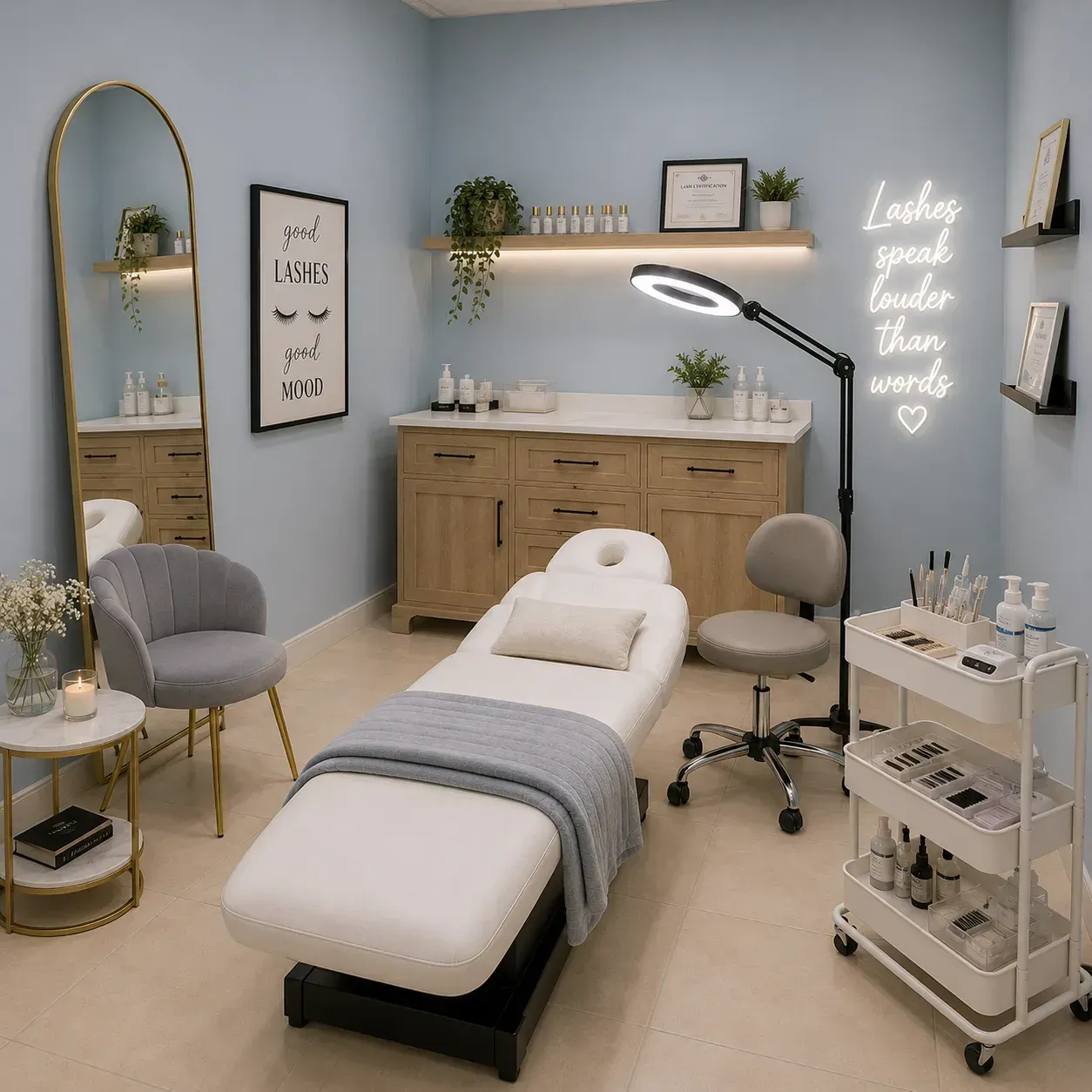 Spa treatment room with massage table, mirror, shelves, and soft blue walls
