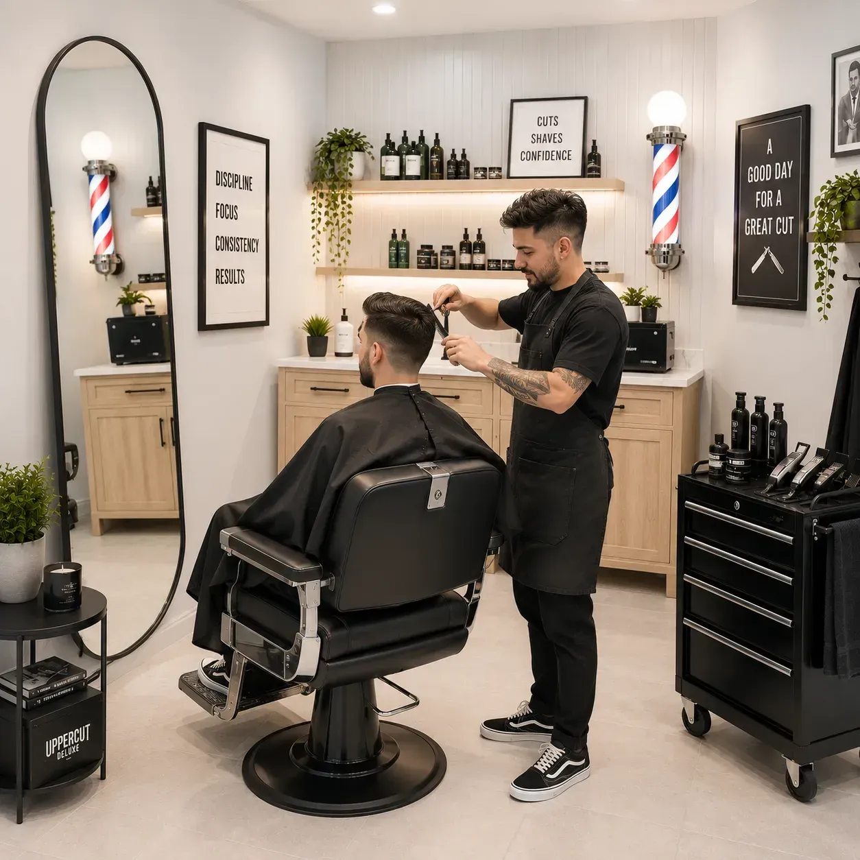 Barber cutting a client’s hair in a modern shop with mirrors, shelves, and tools.