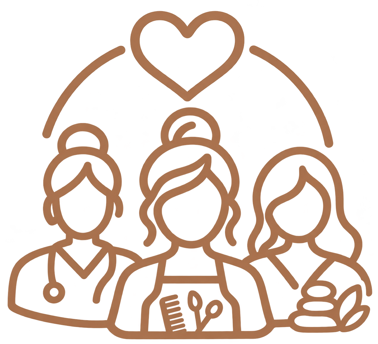 Three healthcare workers outlined in brown with a heart above them, symbolizing care and teamwork