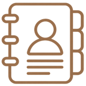 Brown outline of an address book icon with a profile silhouette and tabs on the side