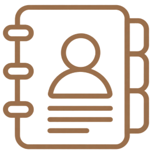 Brown outline of an address book icon with a profile silhouette and tabs on the side