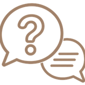 Two overlapping speech bubbles, one with a question mark and one with text lines, in brown outline on white background