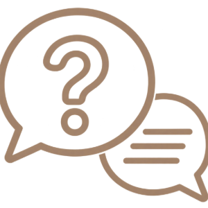Two overlapping speech bubbles, one with a question mark and one with text lines, in brown outline on white background