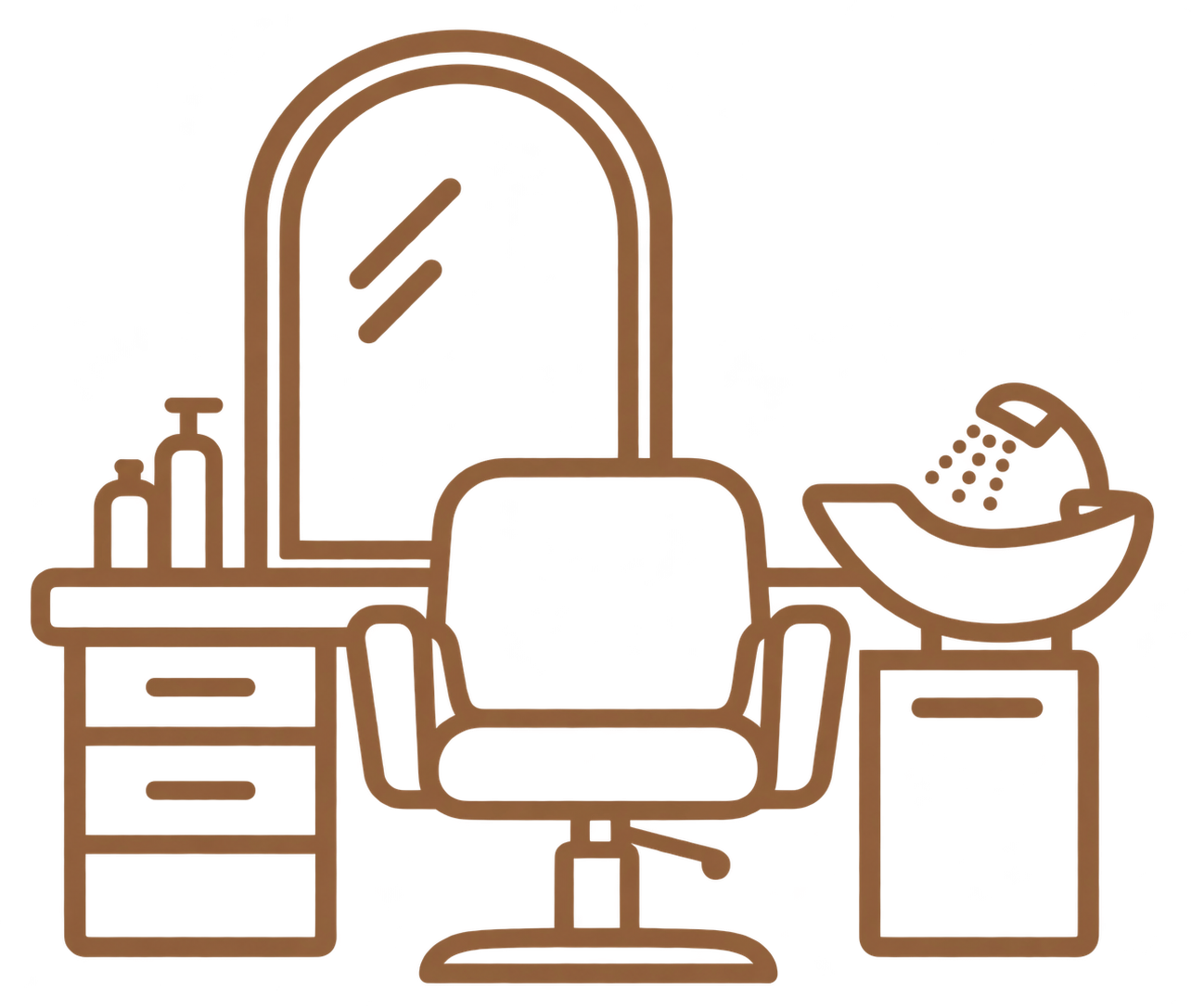Brown line drawing of a salon station with chair, mirror, sink, and beauty products