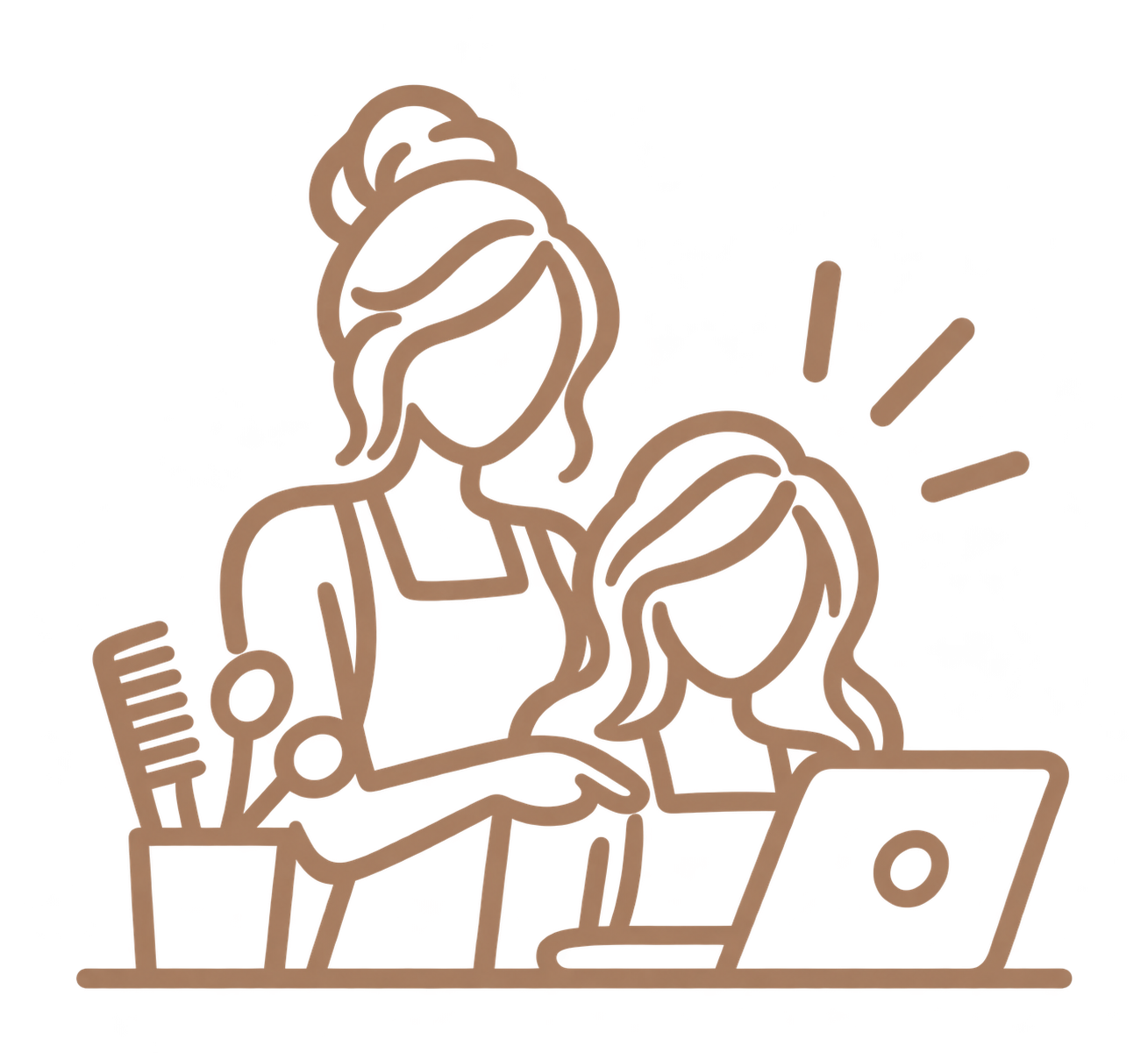 Line-art illustration of two people at a laptop, with a cup of brushes and utensils on the left.