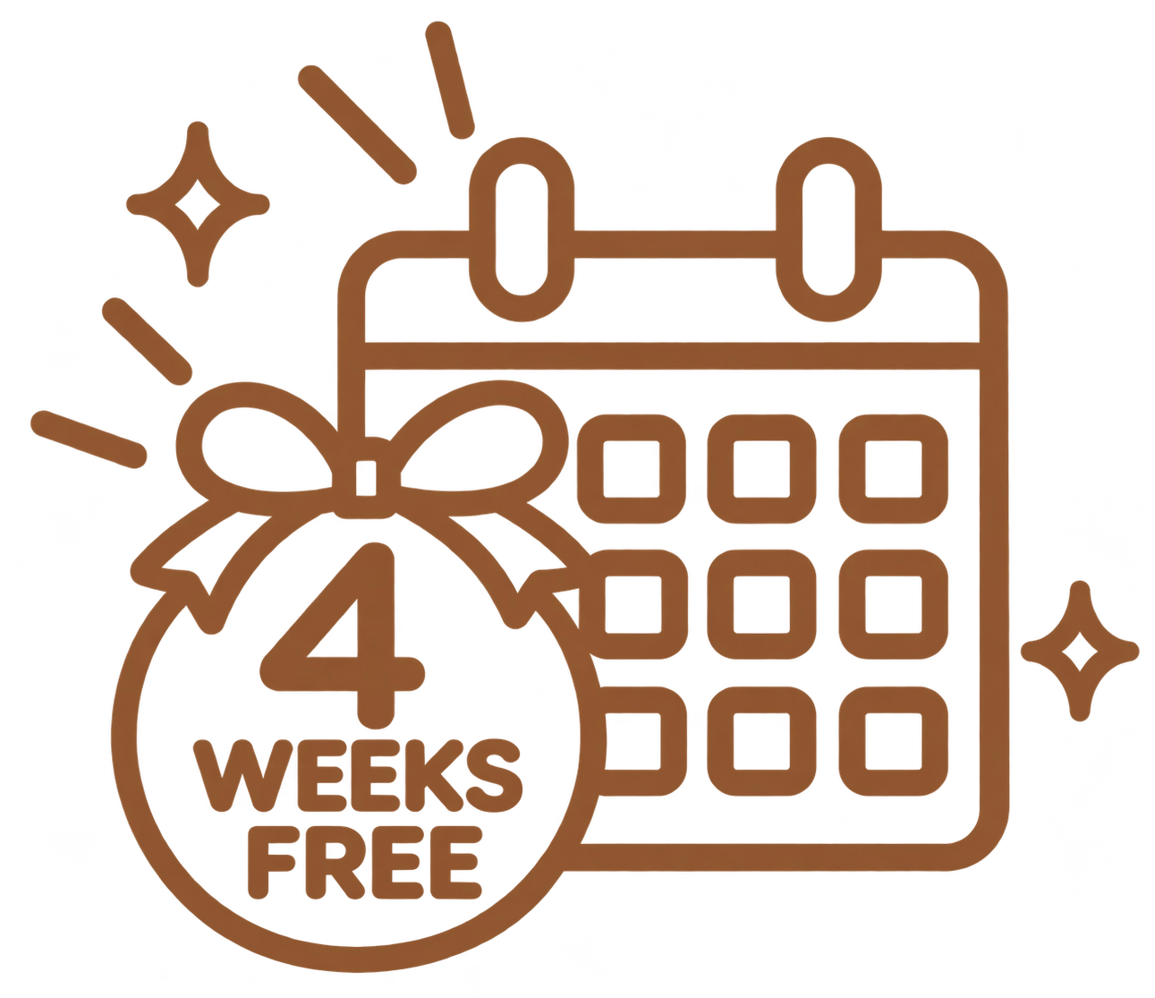 Brown calendar icon with bow and badge reading “4 weeks free” and sparkling accents