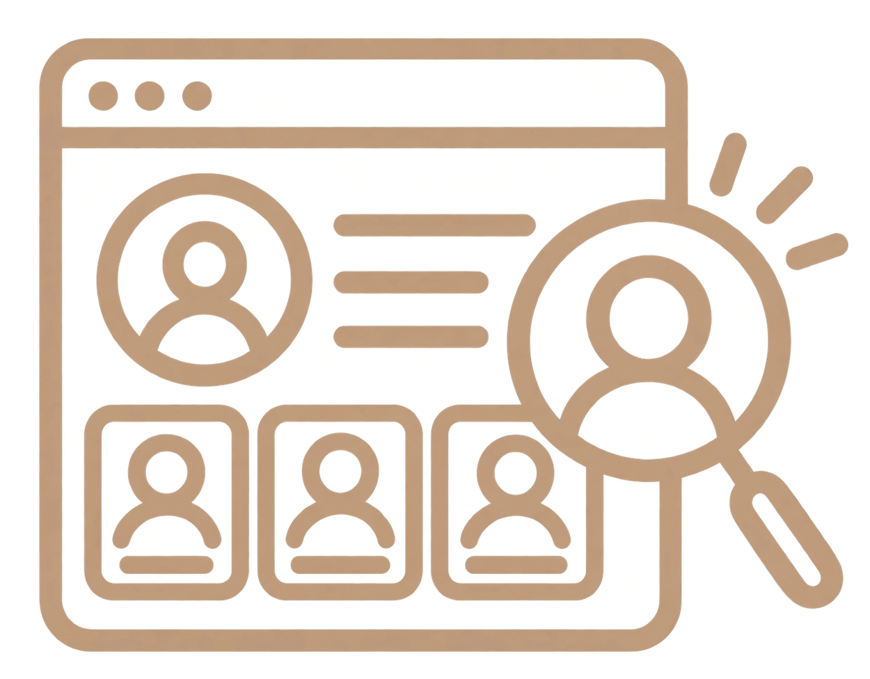 Brown outline icon of a user profile search on a webpage with magnifying glass and profile cards