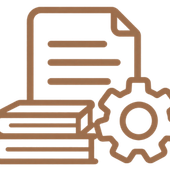 Brown outline icon of documents, books, and a gear, suggesting settings or documentation management