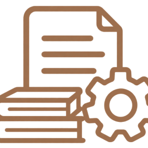 Brown outline icon of documents, books, and a gear, suggesting settings or documentation management