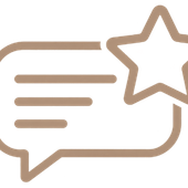Outline of a chat bubble with a star badge in tan and white