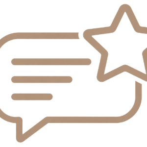 Outline of a chat bubble with a star badge in tan and white