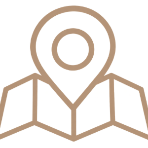 Brown location pin over folded map icon on white background