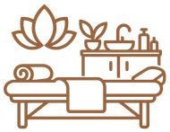 Brown line-art spa massage room with table, towel, sink, bottles, and lotus decor