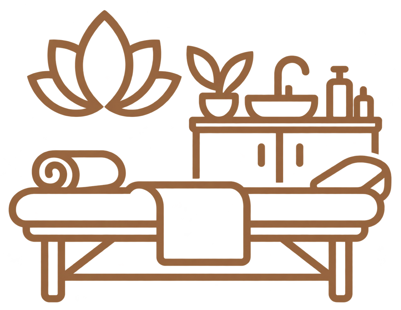 Brown line icon of a spa massage table with towel, sink, lotion bottles, and lotus flowers