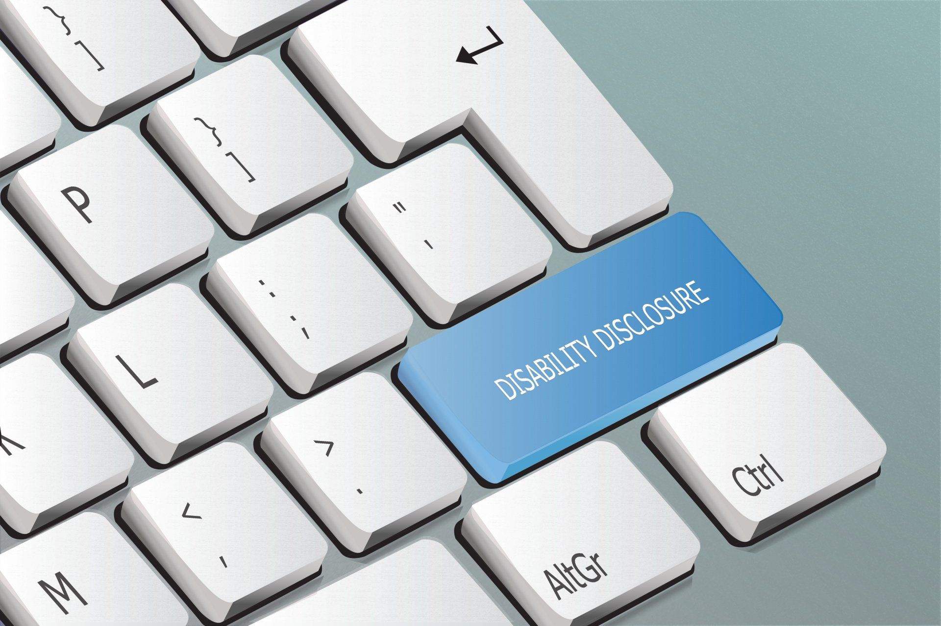 White Keyboard which shows the close bracket key on top line, letter p on next line closed bracket again next to it , the enter key which is located on this line and on the next. The next line also has the letter K and L key, semi -colon key, the apostrophe key. Next line down shows the M key, comma key, full shop and a blue key stating disability disclosure. Final line has half the space bar, AltGr and Ctrl key