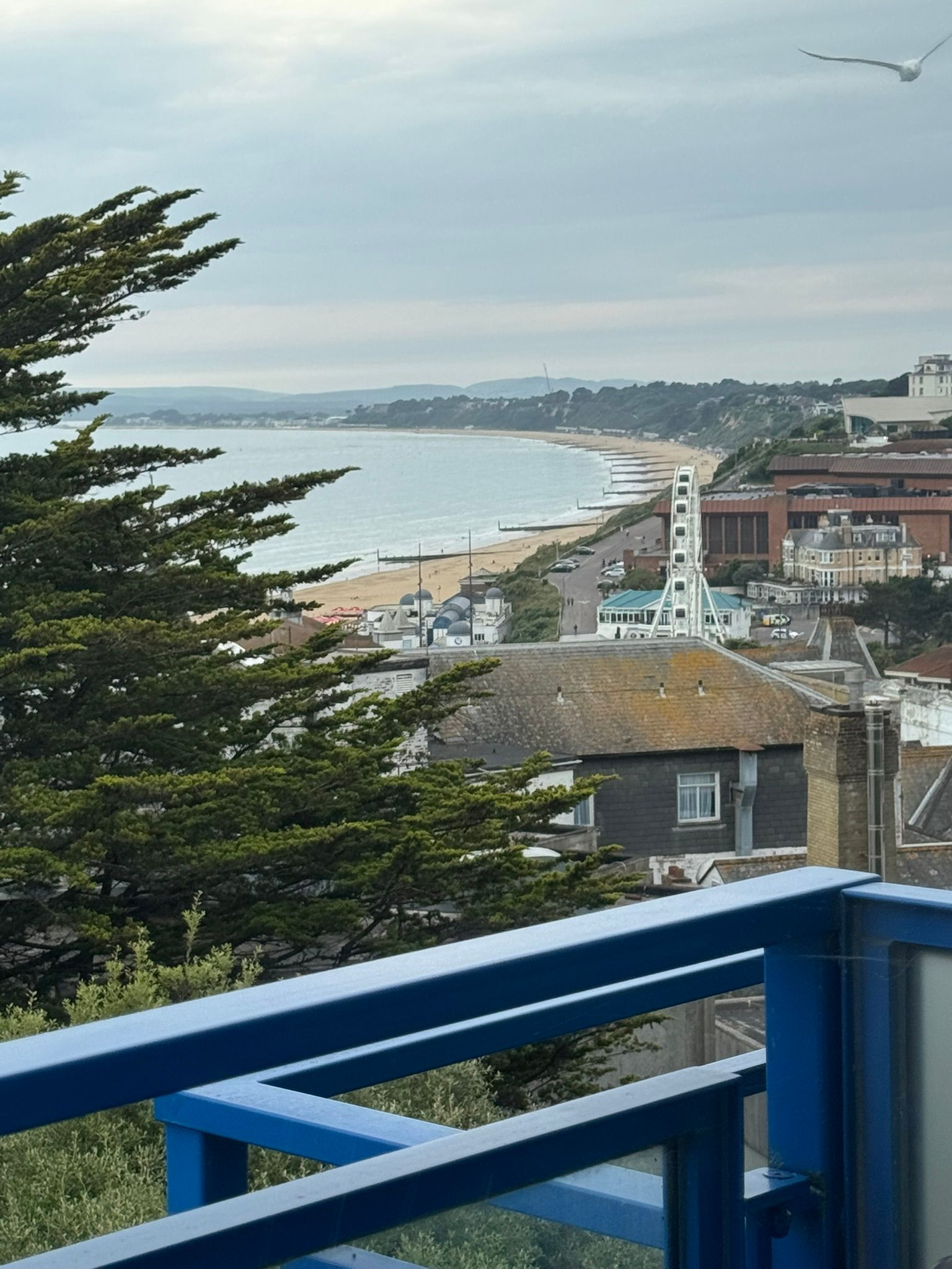 Views from the Balcony of one of the non-accessible rooms at the hotel over looking trees, Bournemouth, the beach and sea. 