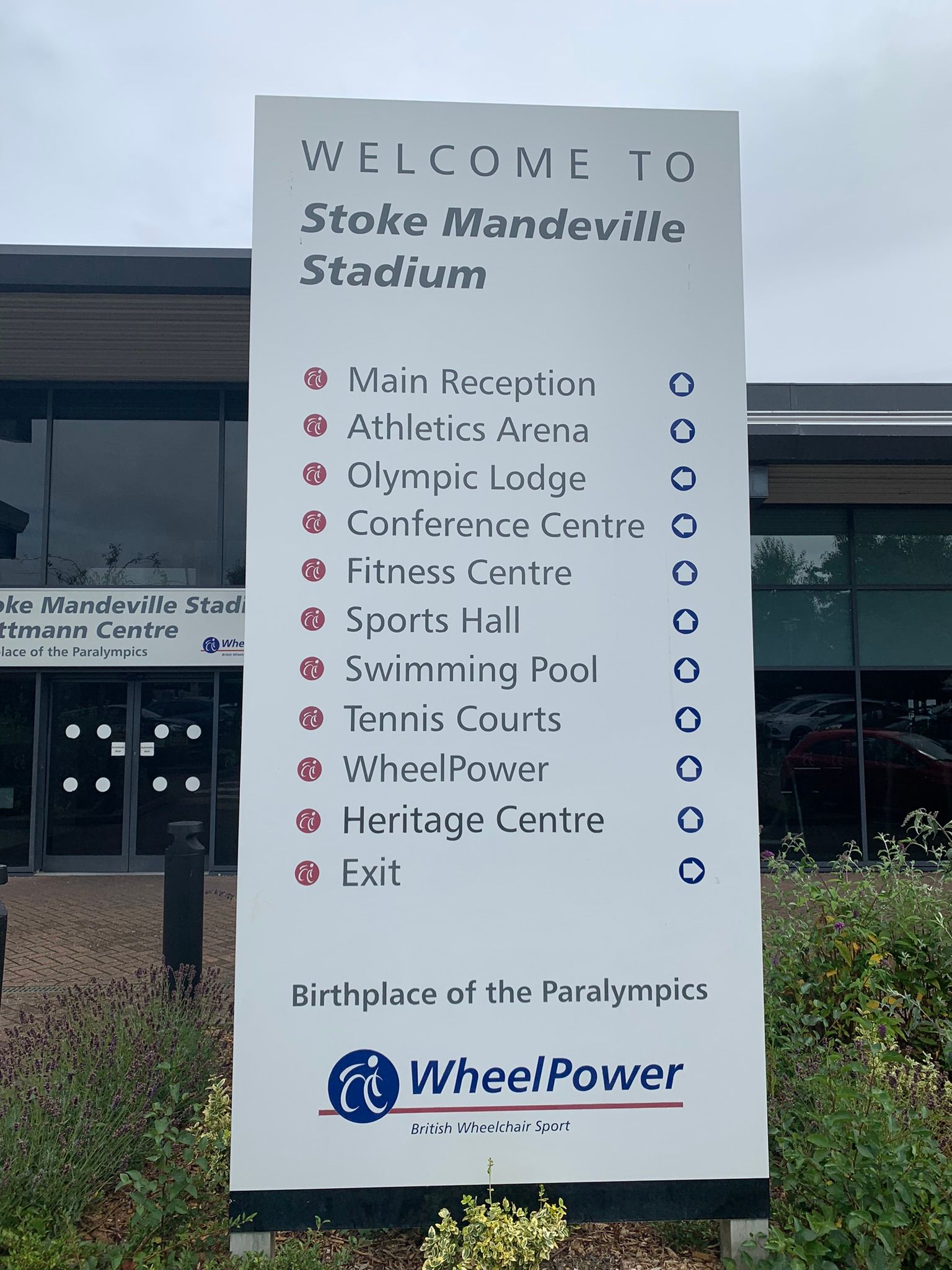 a white sign with directions to different areas around Stoke Mandeville Stadium. 