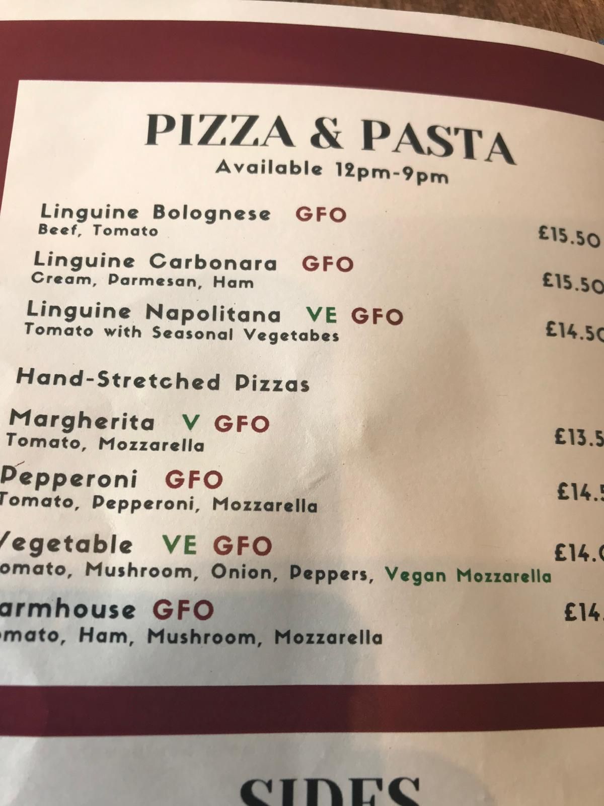 A picture of the menu stating Pizza and Pasta. The menu has a red boarded and black writing on white paper. 