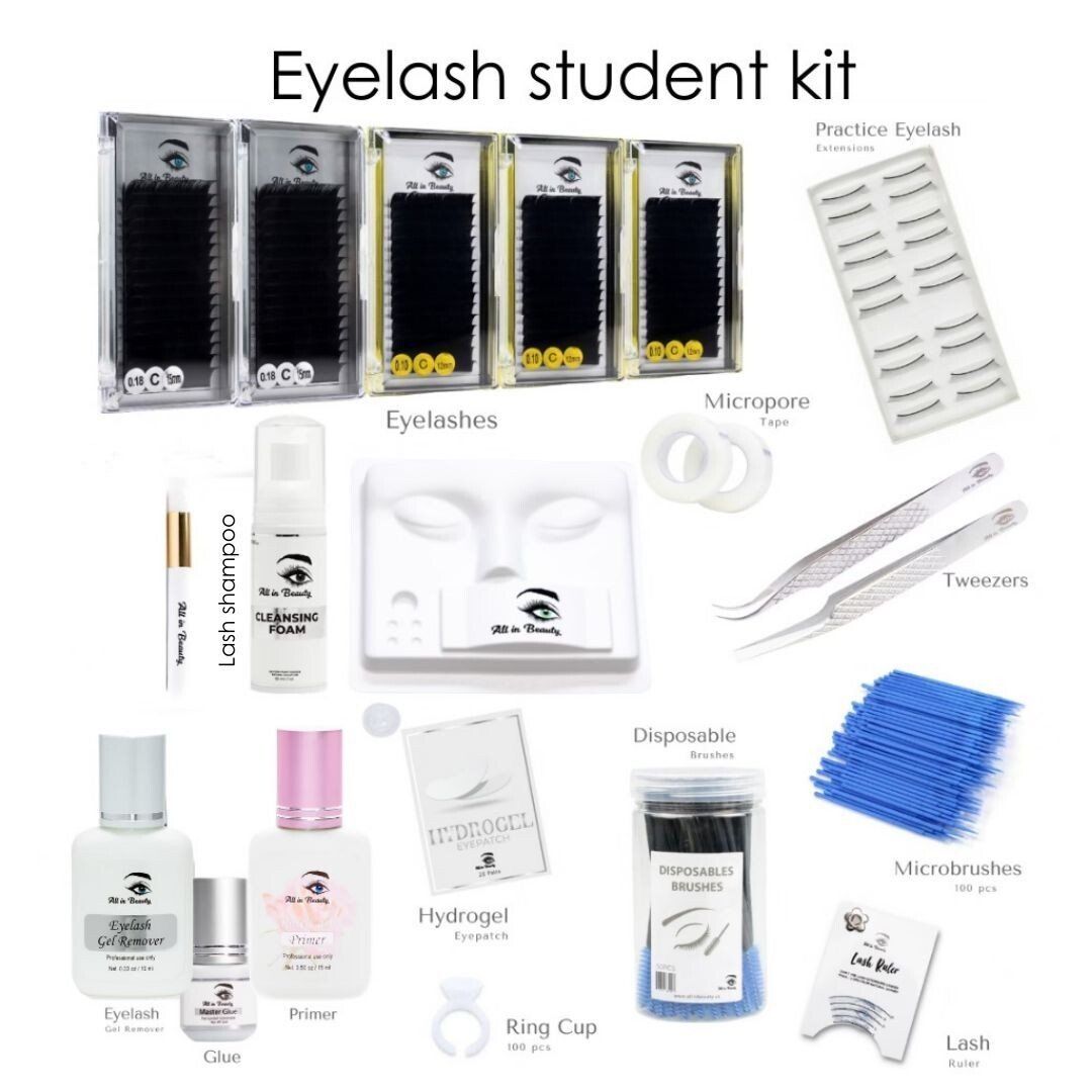 Eyelash student kit with lash trays, tweezers, adhesive, cleaning supplies, and mannequin head.