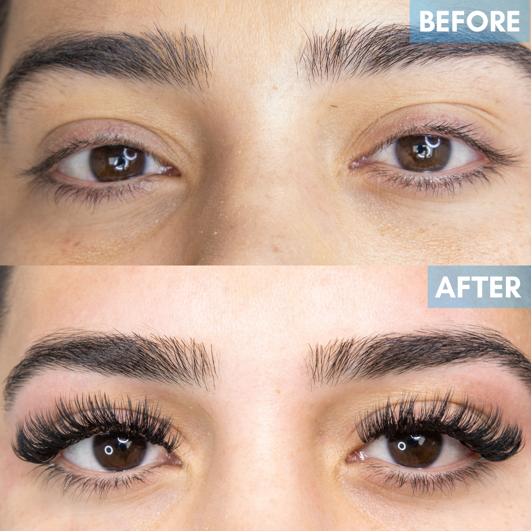 Side-by-side comparison of a woman's eyes, before and after lash extensions and eyebrow grooming.