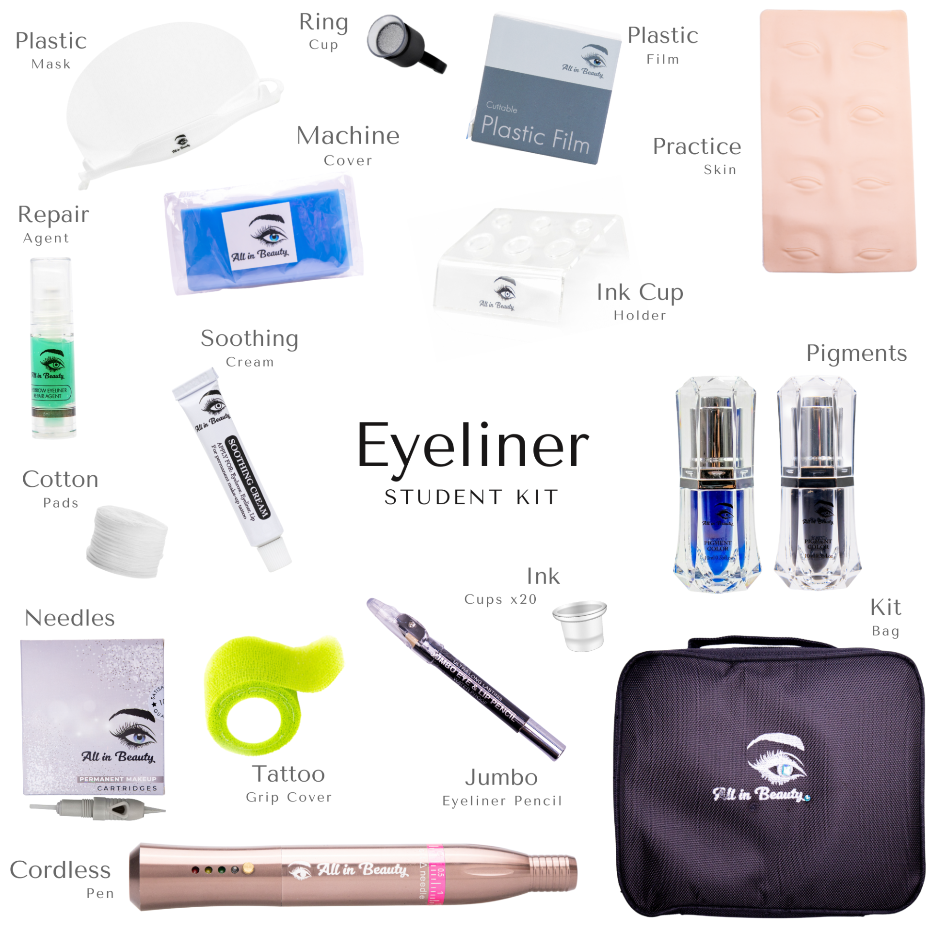 Eyeliner student kit with supplies including machine, ink, practice skin, and pigments.
