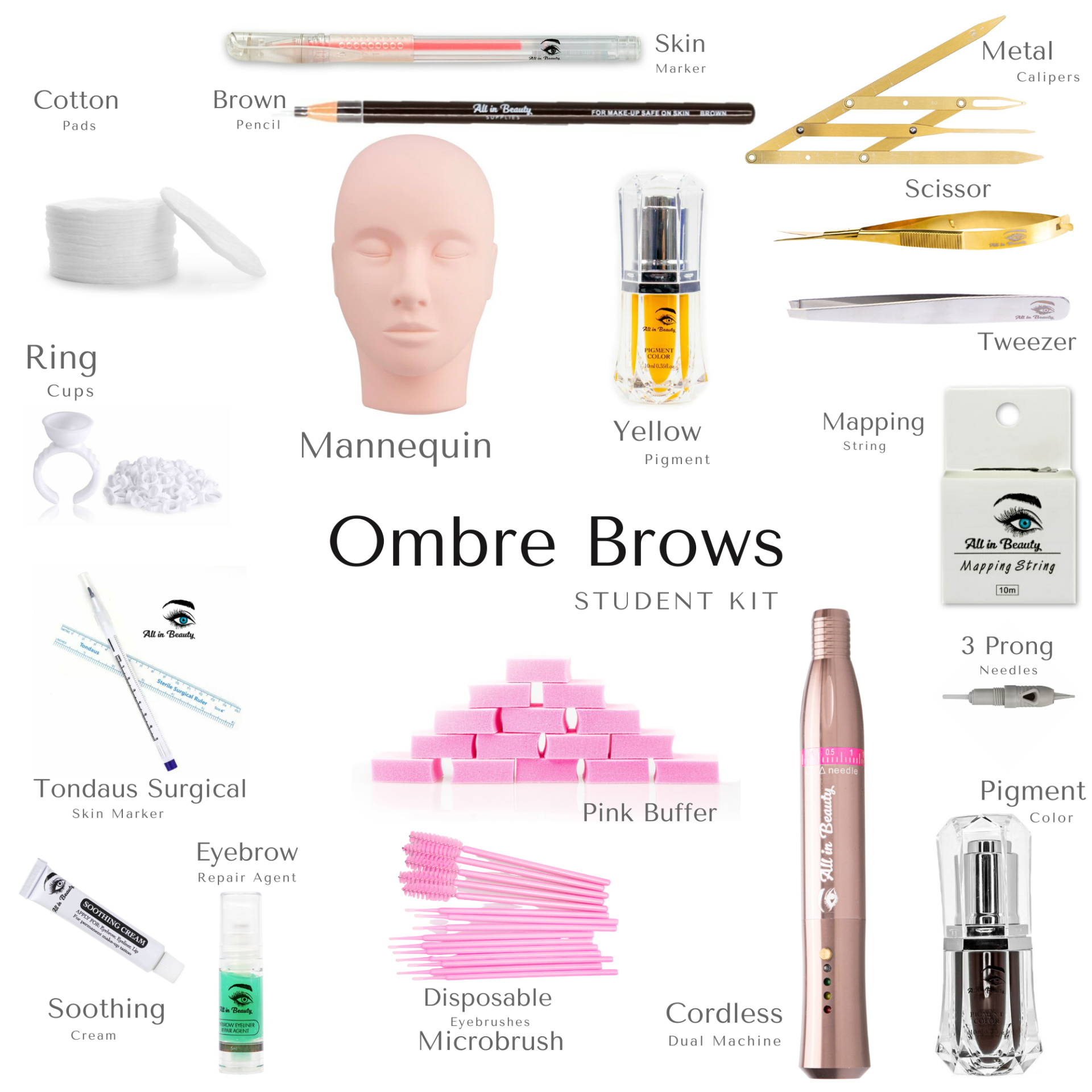 Ombre brows student kit: supplies including mannequin, pigment, tools, and cotton.