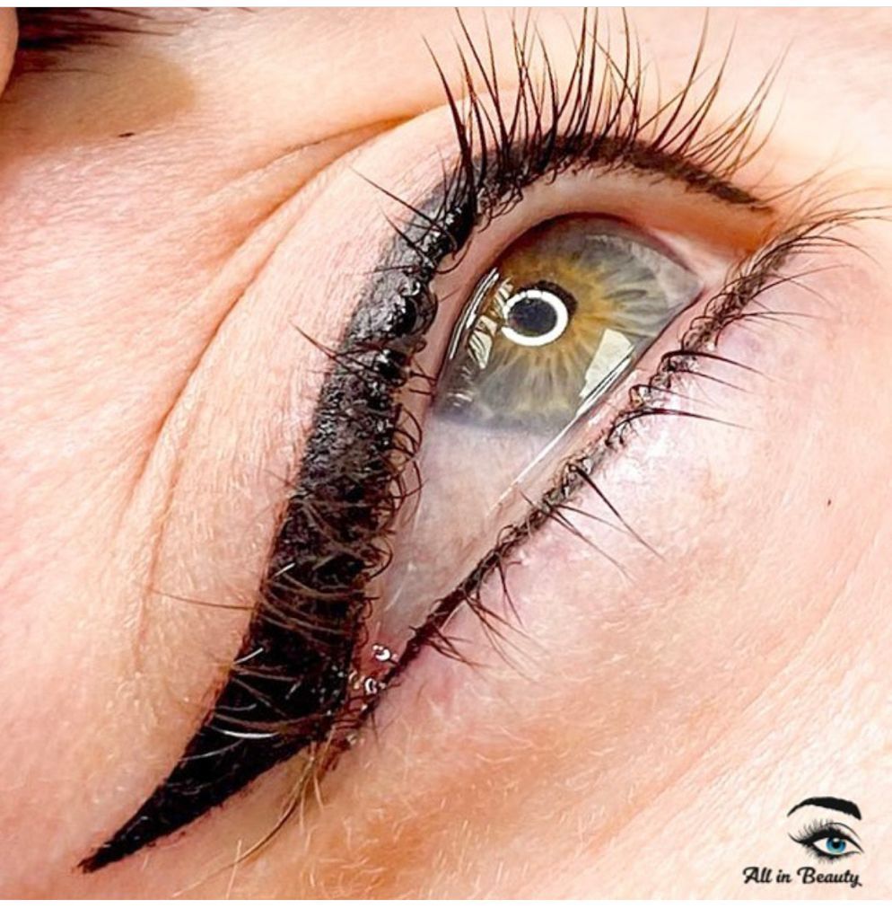 Eye with eyeliner; closeup showing the eye's color, lashes, and bold, black wing.