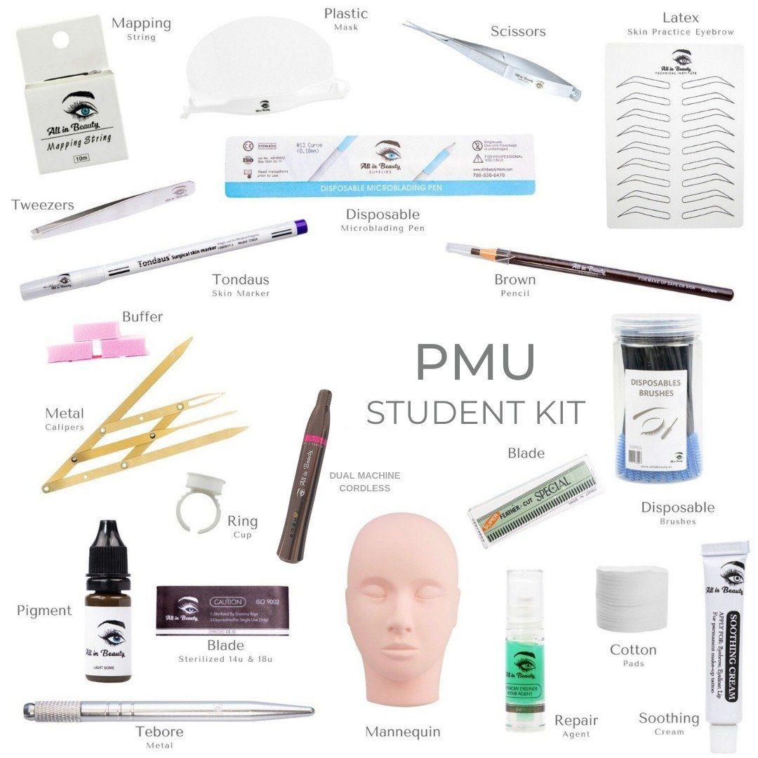 PMU student kit with supplies for permanent makeup application, including blades, pigments, and practice mannequin.